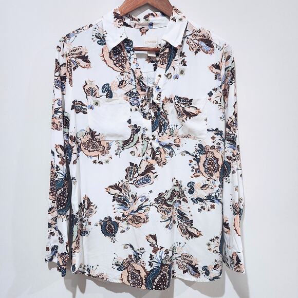 Chico's White Silky Soft Botanical Lace Up Tunic Size 1 Medium Floral Spring - Picture 1 of 11